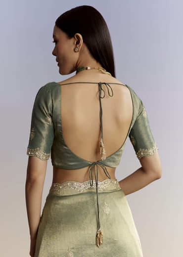 Olive Green Tissue Saree With Zardosi And Sequin Embroidery