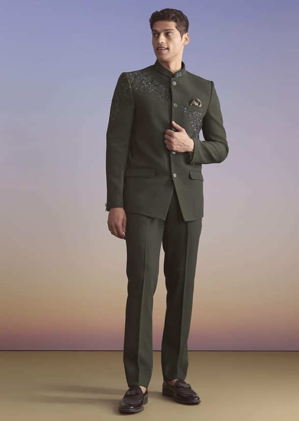 Olive Jodhpuri Suit For Men With Resham Work Olive Jodhpuri Suit For Men With Resham Work