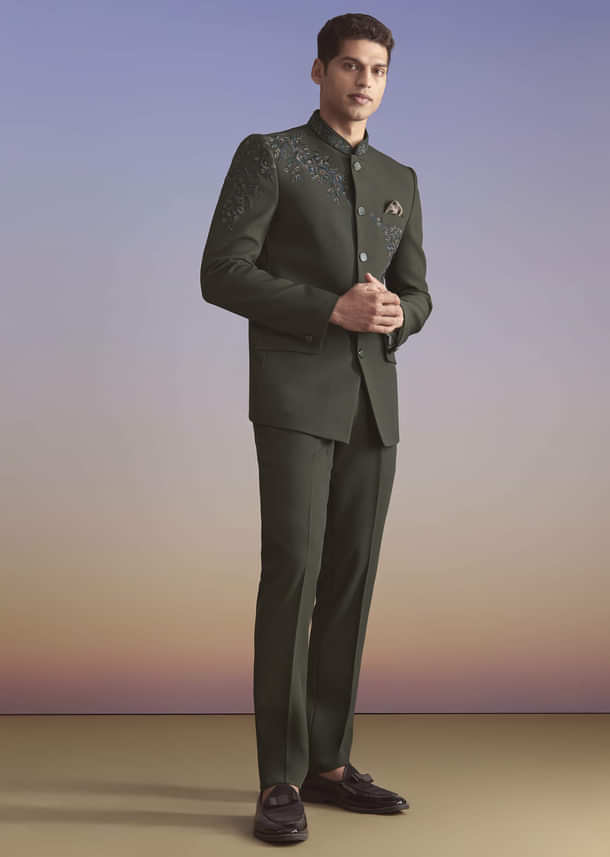 Olive Jodhpuri Suit For Men With Resham Work Olive Jodhpuri Suit For Men With Resham Work