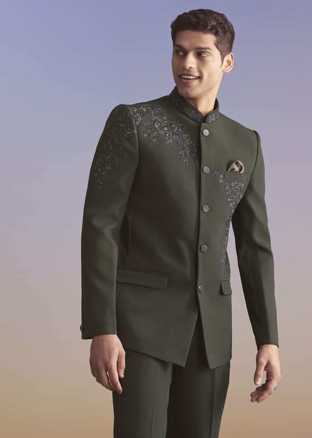 Olive Jodhpuri Suit For Men With Resham Work Olive Jodhpuri Suit For Men With Resham Work