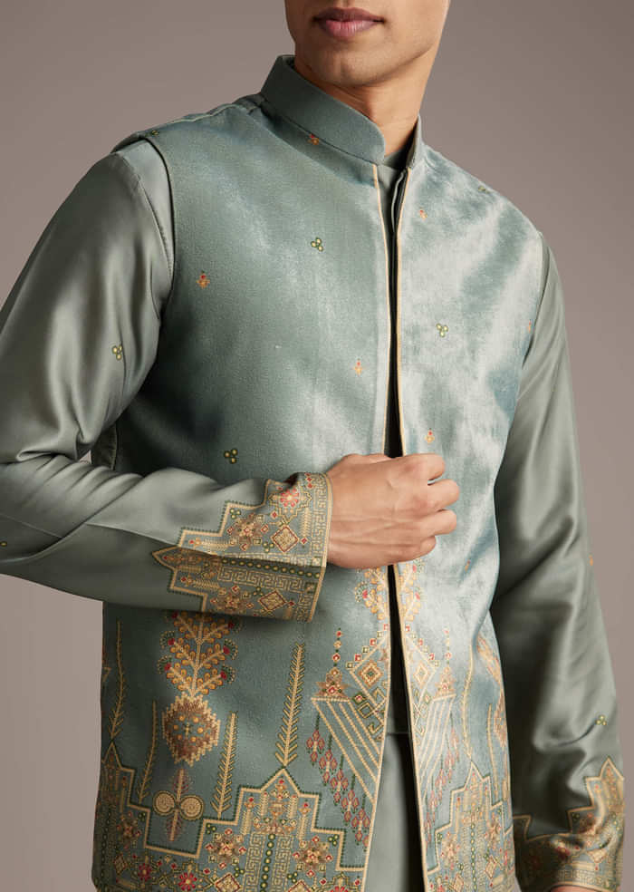 Olive Velvet Kurta Jacket Set For Men With Geometric Print
