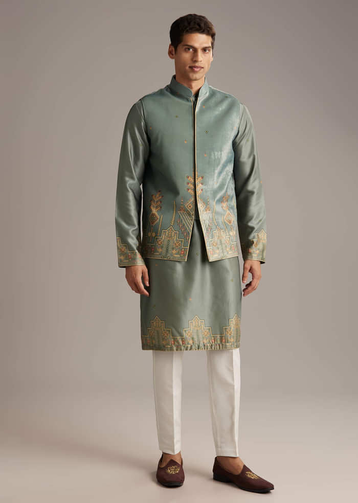Olive Velvet Kurta Jacket Set For Men With Geometric Print