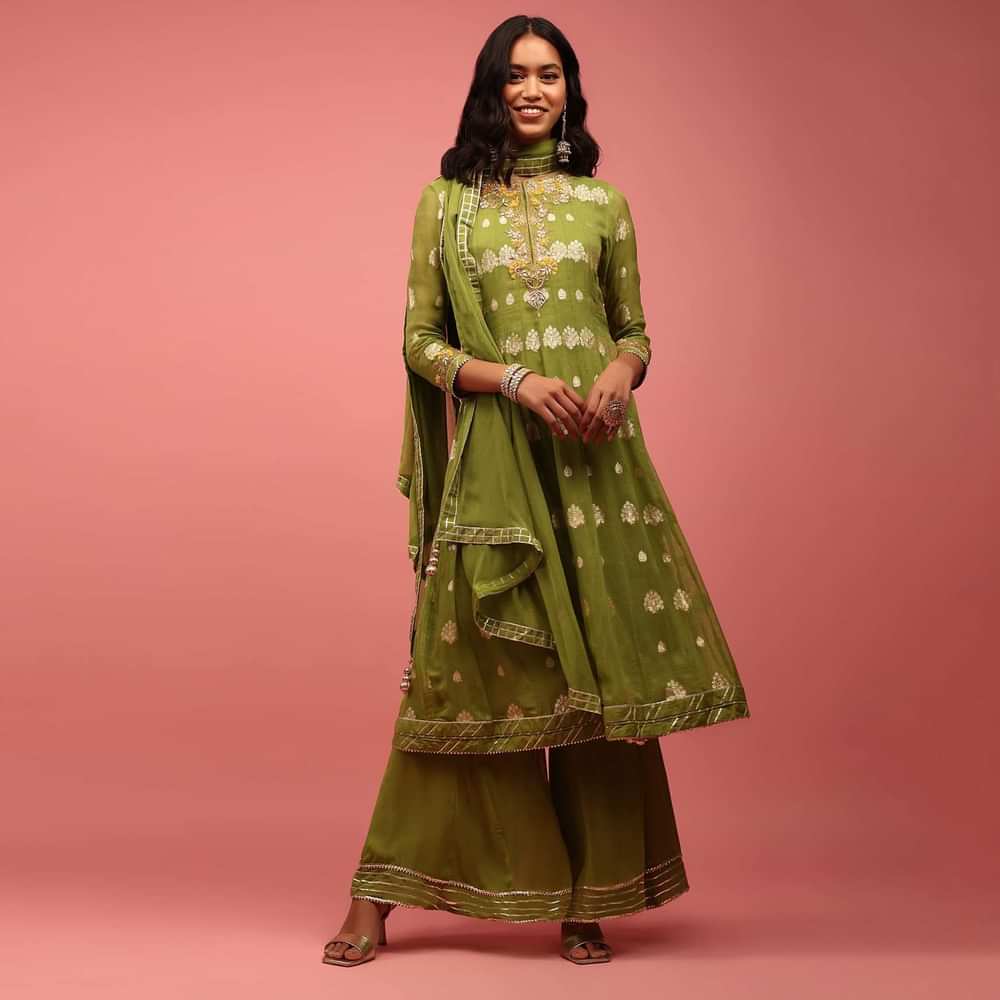 Olive Green Anarkali Suit Set In Banarasi Georgette, Embellished With Brocade And Zardosi Work