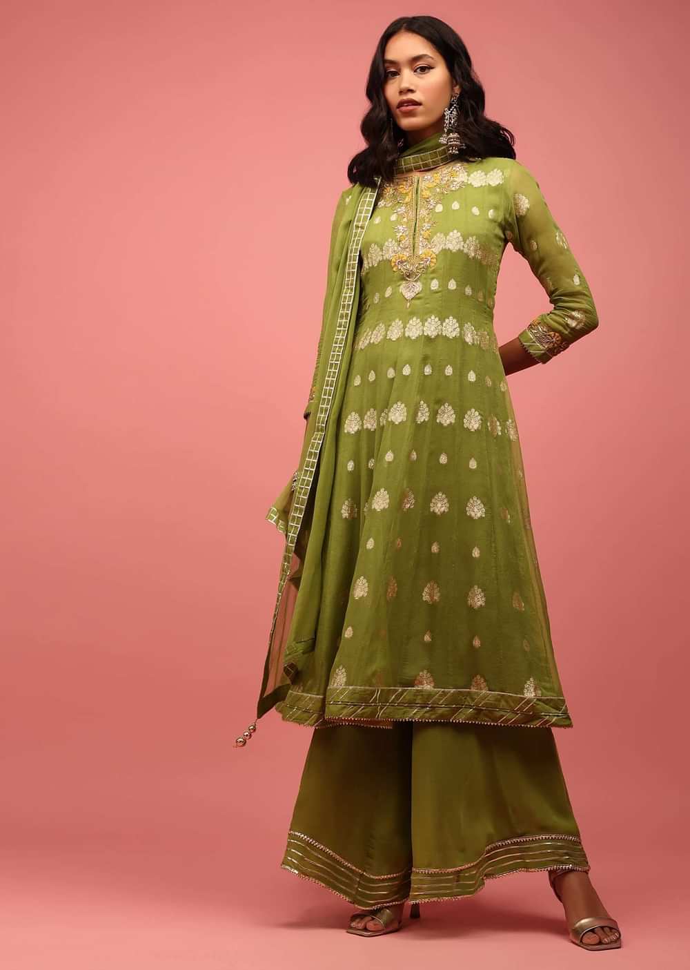 Olive Green Anarkali Suit Set In Banarasi Georgette, Embellished With Brocade And Zardosi Work