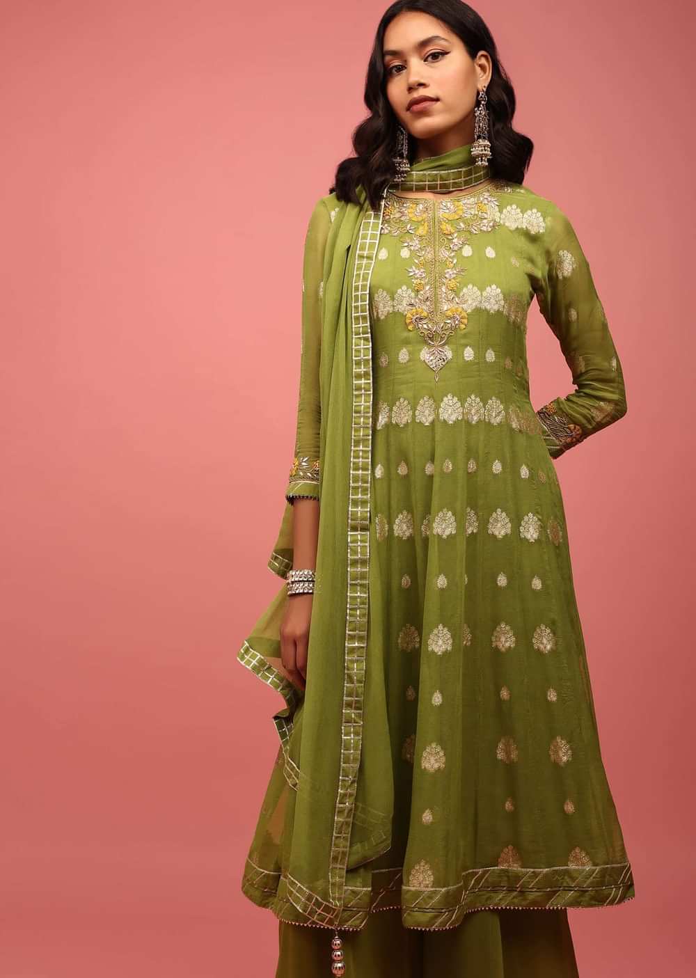 Olive Green Anarkali Suit Set In Banarasi Georgette, Embellished With Brocade And Zardosi Work