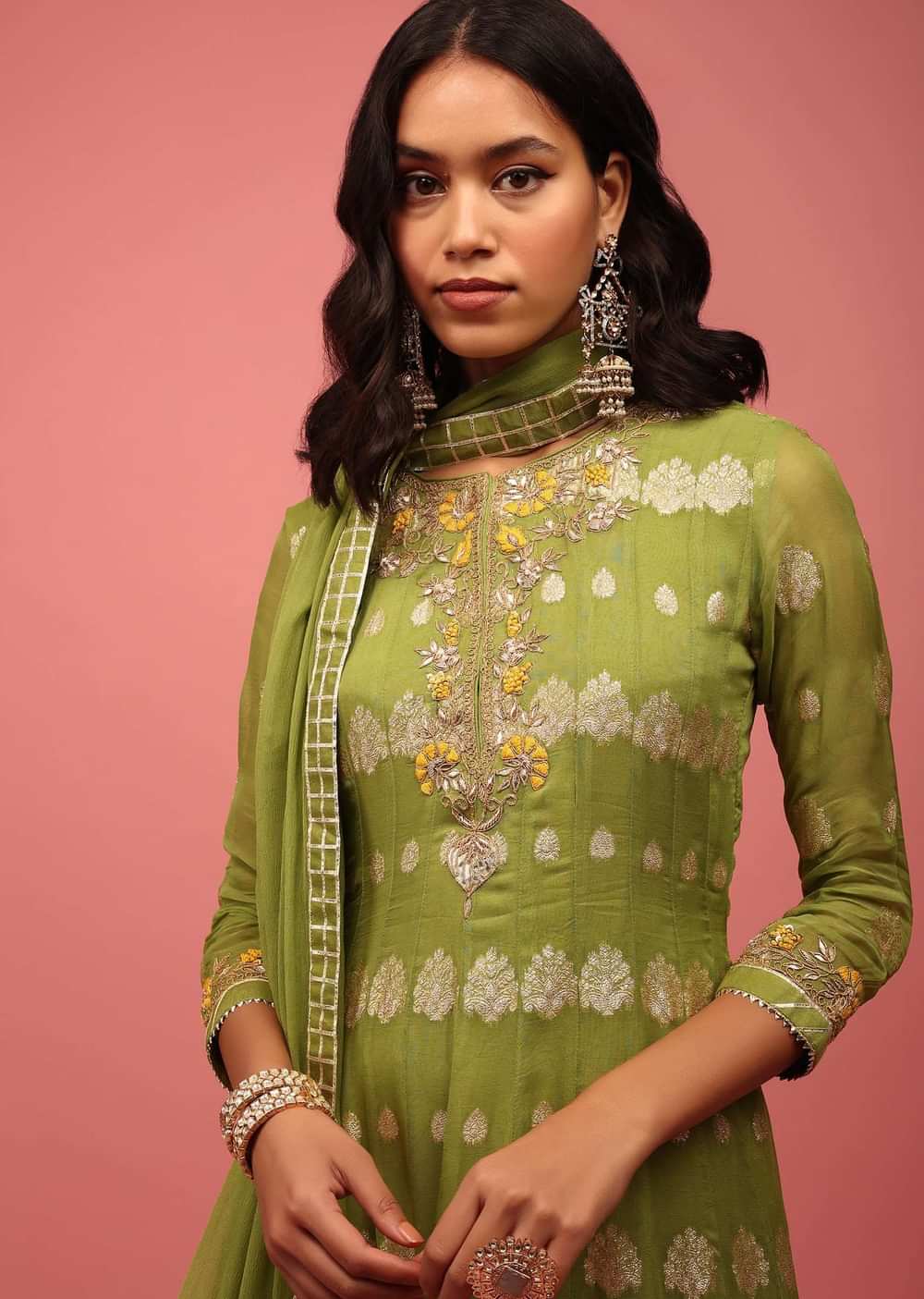 Olive Green Anarkali Suit Set In Banarasi Georgette, Embellished With Brocade And Zardosi Work