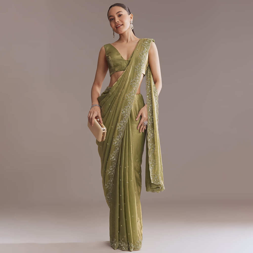 Olive Green Chinon Saree With Bead And Sequin Embroidery