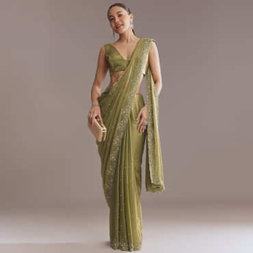 Olive Green Chinon Saree With Bead And Sequin Embroidery