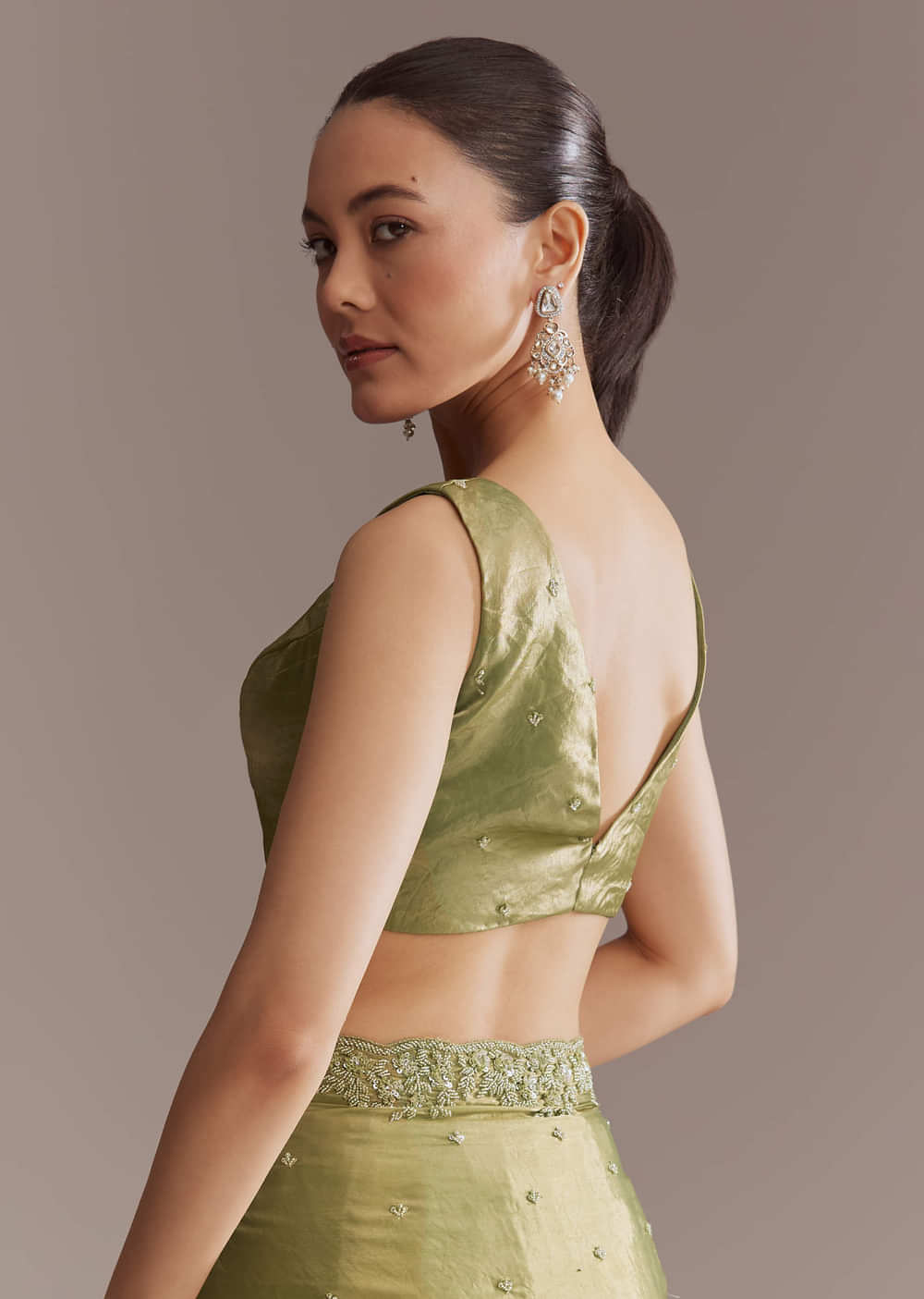 Olive Green Chinon Saree With Bead And Sequin Embroidery