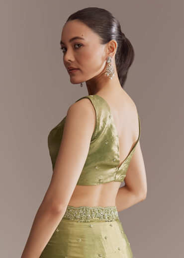Olive Green Chinon Saree With Bead And Sequin Embroidery
