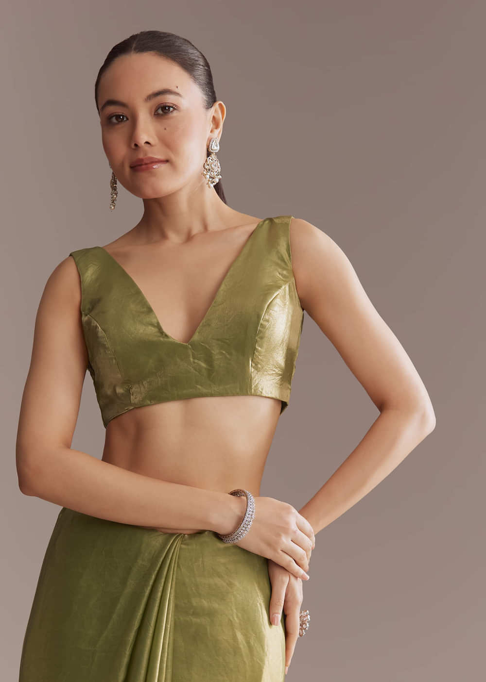 Olive Green Chinon Saree With Bead And Sequin Embroidery