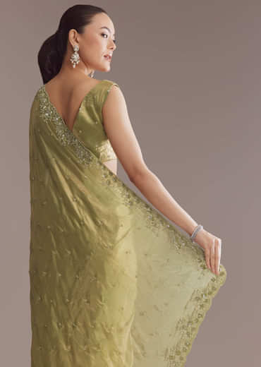 Olive Green Chinon Saree With Bead And Sequin Embroidery