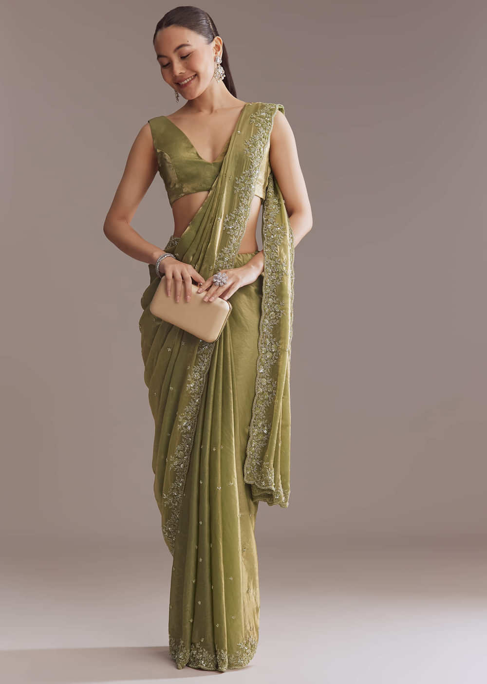 Olive Green Chinon Saree With Bead And Sequin Embroidery