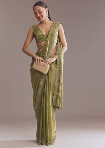 Olive Green Chinon Saree With Bead And Sequin Embroidery
