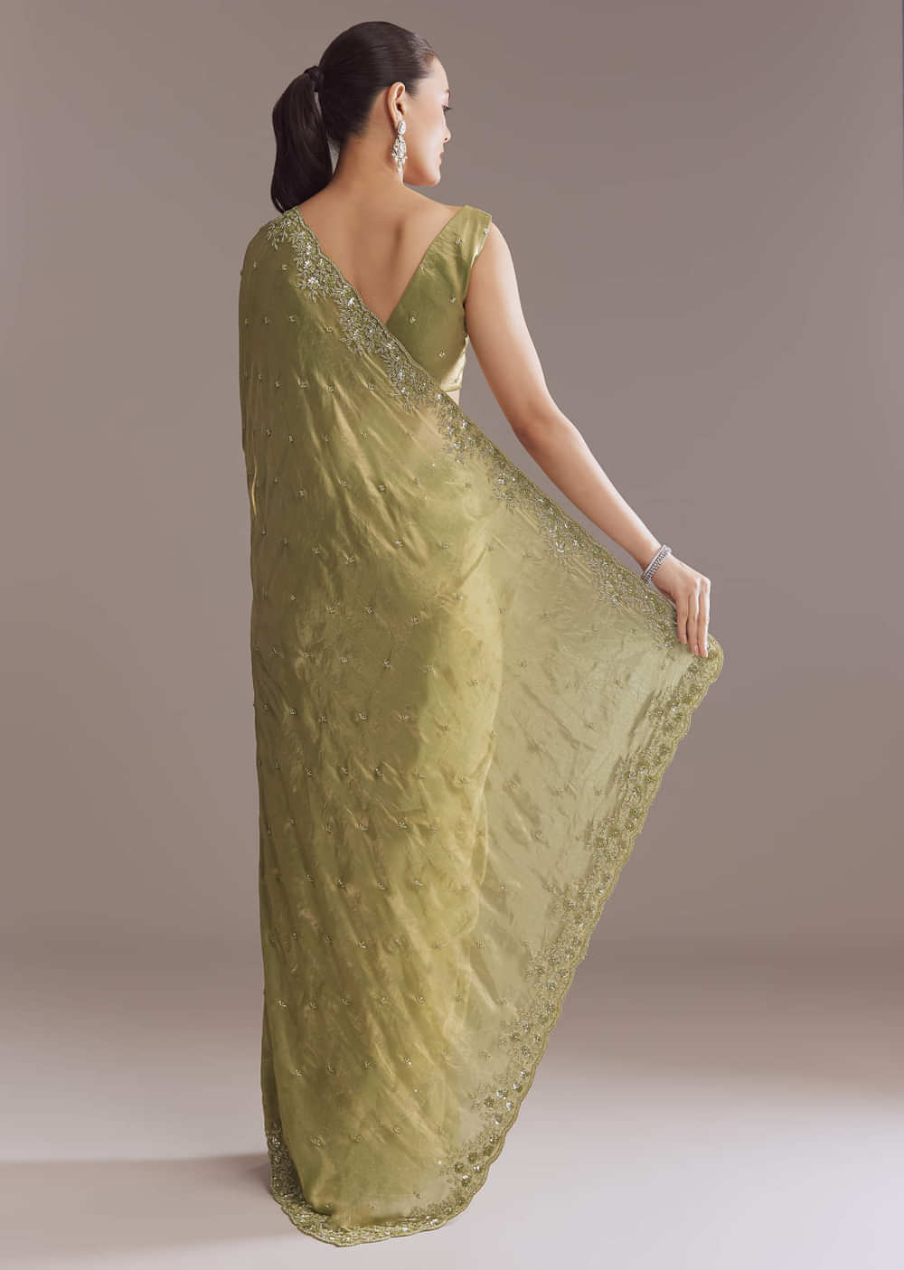 Olive Green Chinon Saree With Bead And Sequin Embroidery