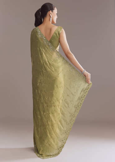 Olive Green Chinon Saree With Bead And Sequin Embroidery