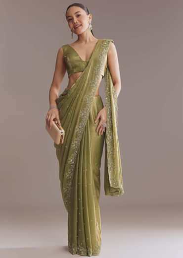 Olive Green Chinon Saree With Bead And Sequin Embroidery