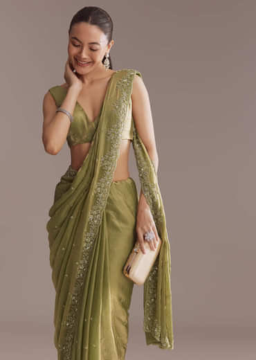 Olive Green Chinon Saree With Bead And Sequin Embroidery