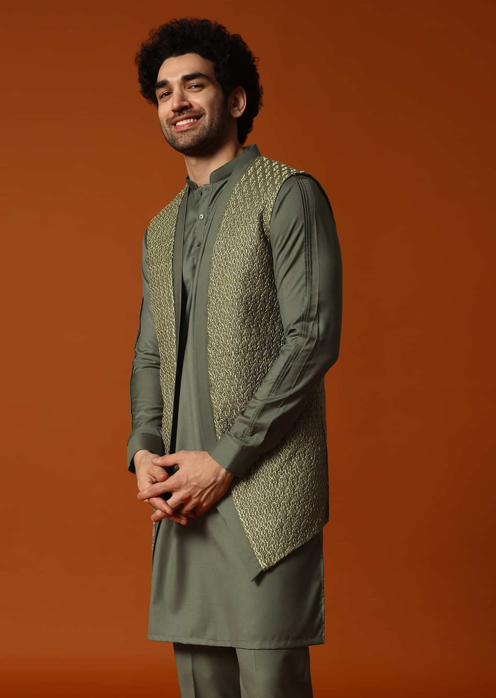 Olive Green Embroidered Kurta Jacket Set For Men