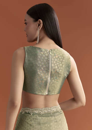 Olive Green Jacquard Saree With Stone And Sequin Embroidery