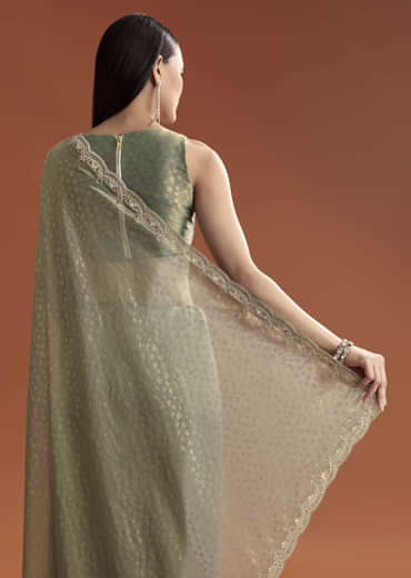 Olive Green Jacquard Saree With Stone And Sequin Embroidery