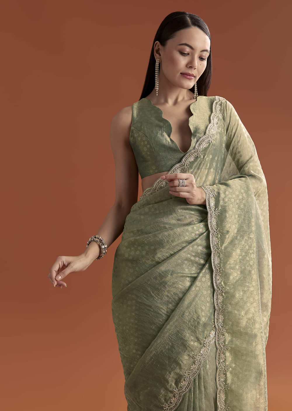 Olive Green Jacquard Saree With Stone And Sequin Embroidery