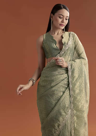 Olive Green Jacquard Saree With Stone And Sequin Embroidery