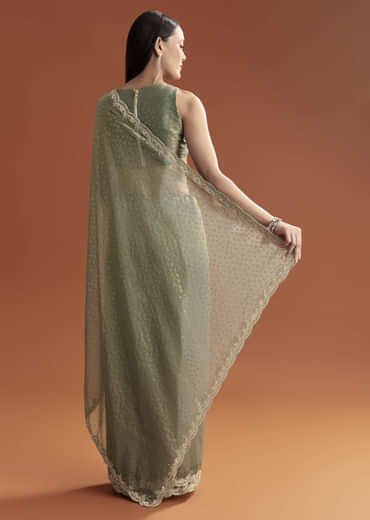Olive Green Jacquard Saree With Stone And Sequin Embroidery