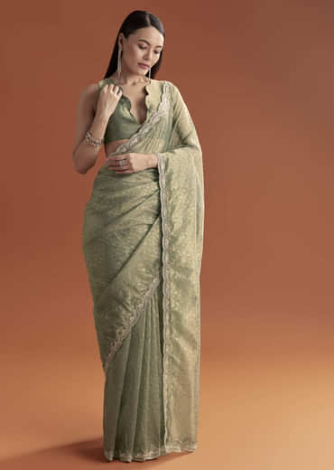 Olive Green Jacquard Saree With Stone And Sequin Embroidery
