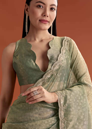 Olive Green Jacquard Saree With Stone And Sequin Embroidery