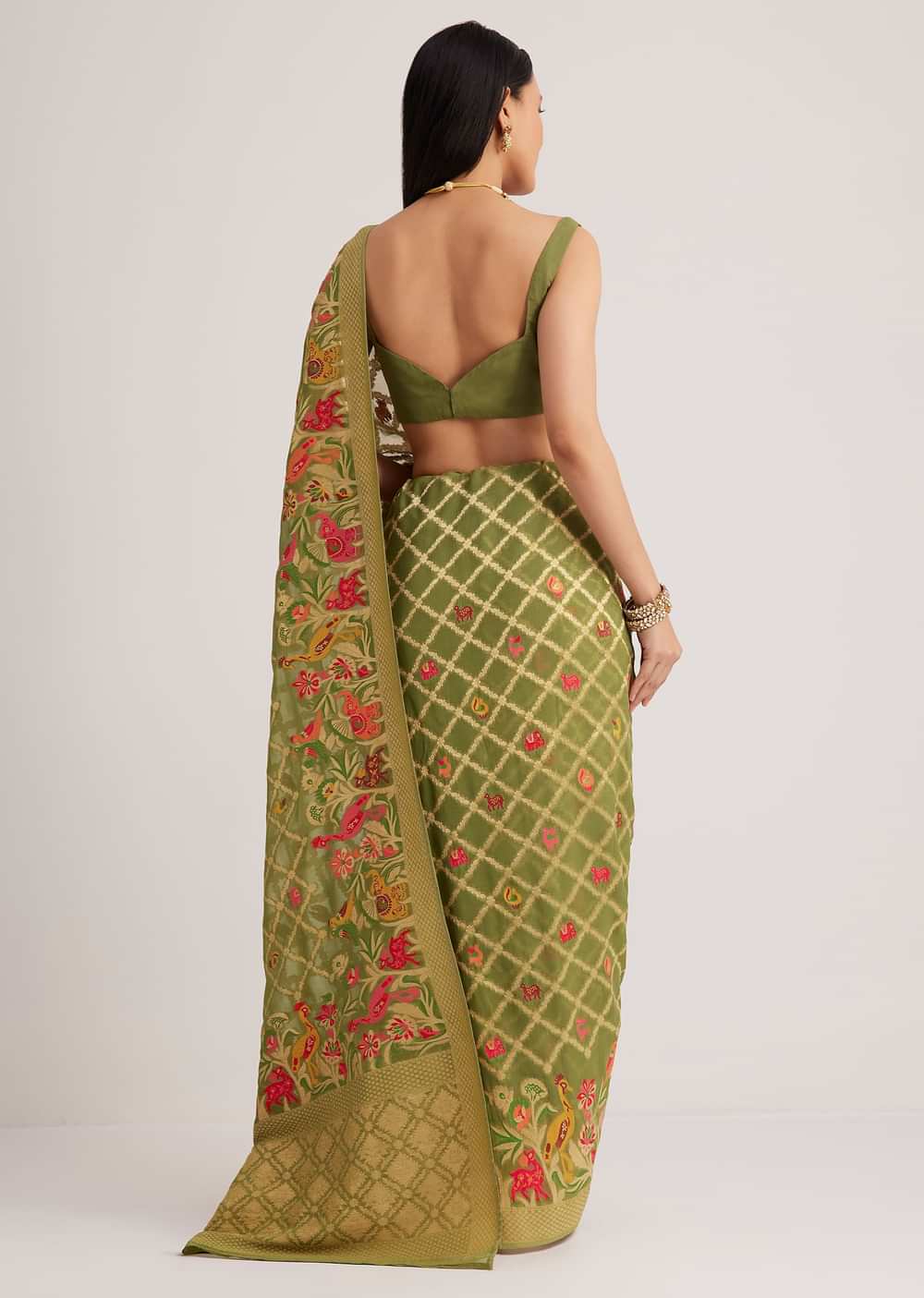 Olive Green Khaddi Georgette Jaal Work Saree With Animal Bird Motifs
