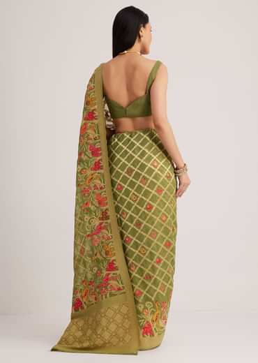 Olive Green Khaddi Georgette Jaal Work Saree With Animal Bird Motifs
