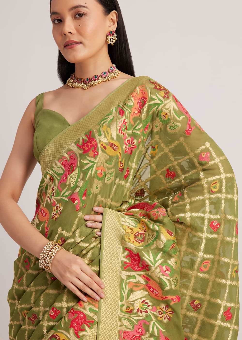 Olive Green Khaddi Georgette Jaal Work Saree With Animal Bird Motifs