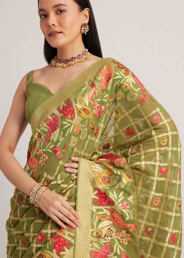 Olive Green Khaddi Georgette Jaal Work Saree With Animal Bird Motifs