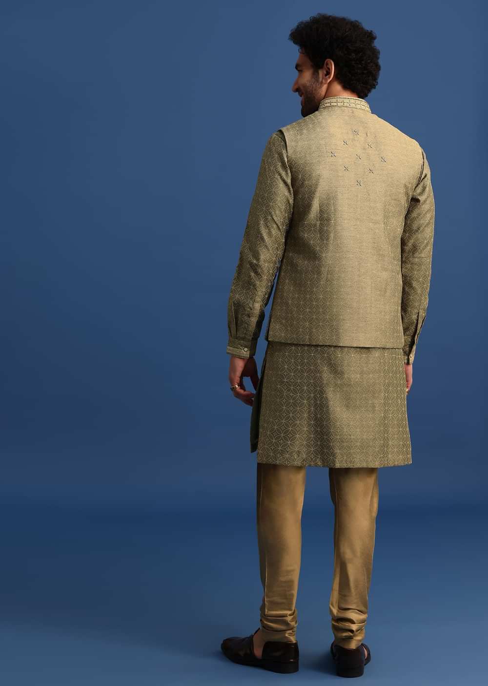 Olive Green Kurta Jacket Set With Hand Work For Men