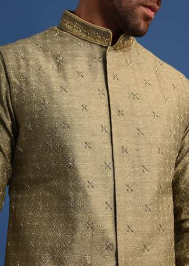 Olive Green Kurta Jacket Set With Hand Work For Men