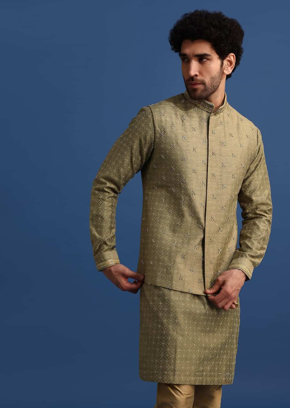 Olive Green Kurta Jacket Set With Hand Work For Men