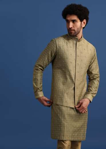 Olive Green Kurta Jacket Set With Hand Work For Men