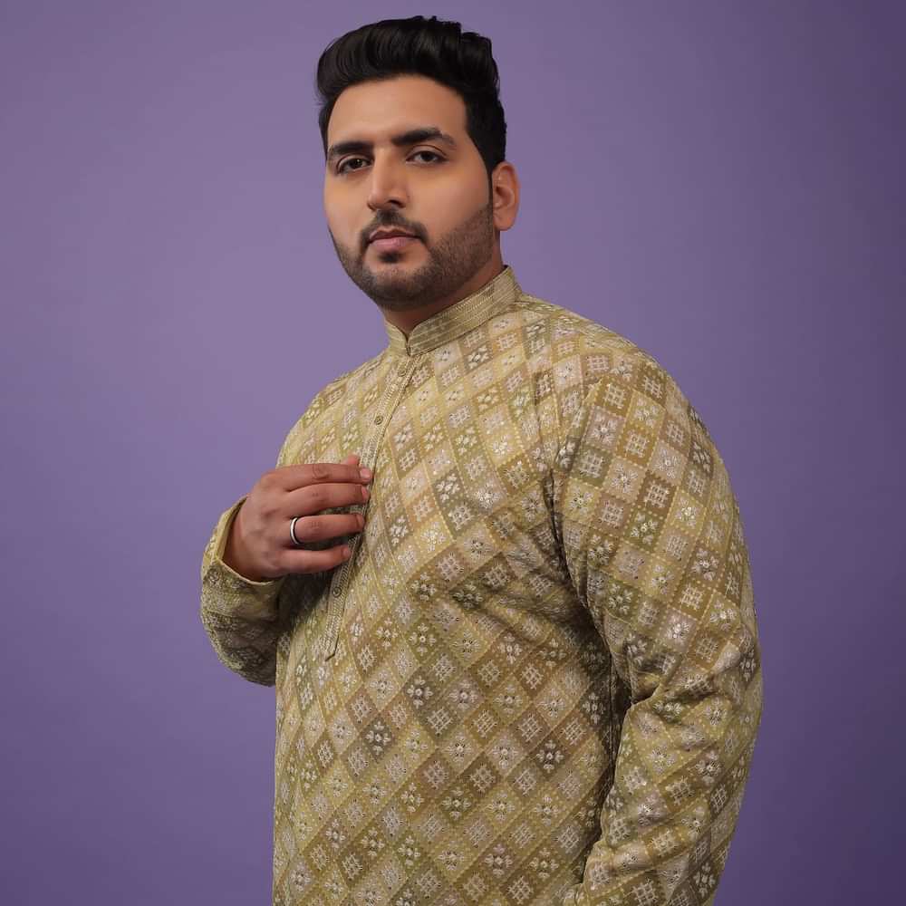 Olive Green Thread-Embroidered Kurta Set