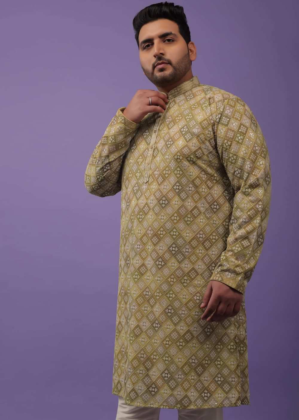 Olive Green Kurta Set In Silk With Thread Embroidery