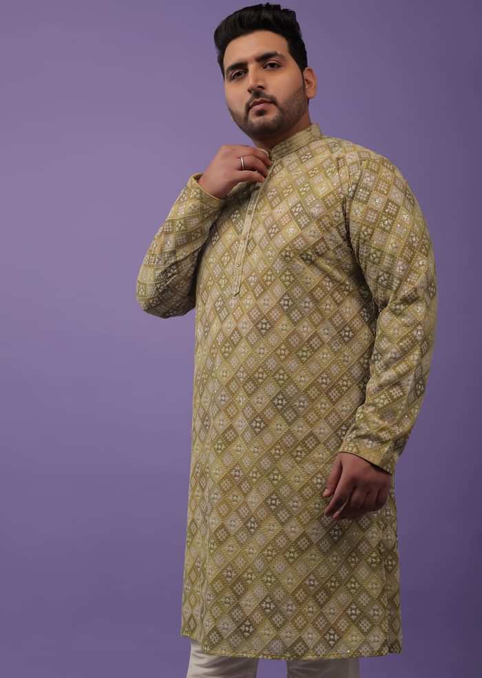 Olive Green Thread-Embroidered Kurta Set