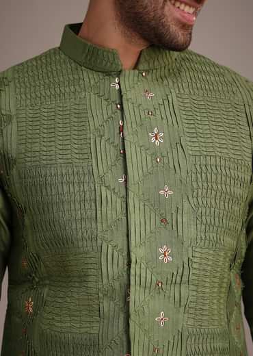 Olive Green Mirror Embroidered Kurta Jacket Set