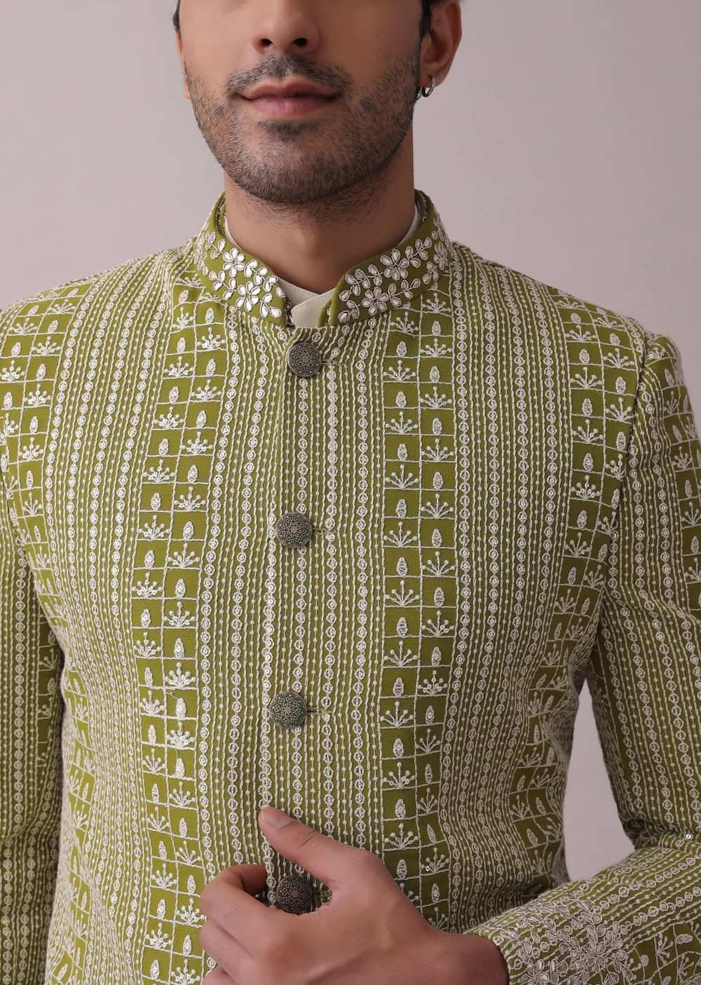 Olive Green Sherwani Set In Silk With Lucknowi Embroidery And Sequins Work