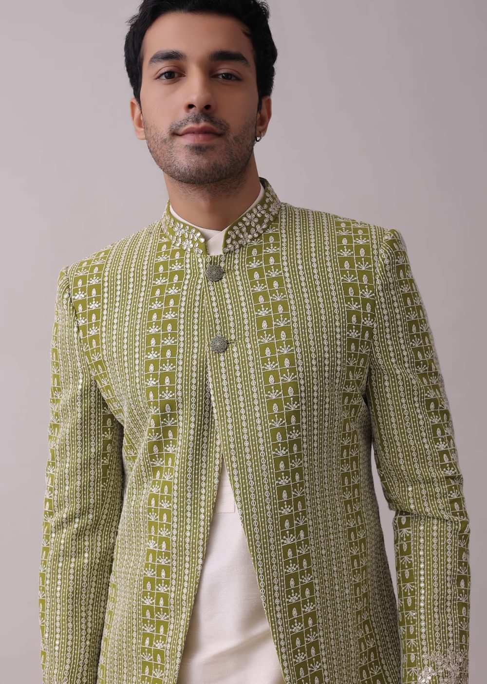 Olive Green Sherwani Set In Silk With Lucknowi Embroidery And Sequins Work