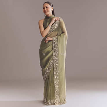 Olive Green Tissue Saree With Zari And Stone Embroidery