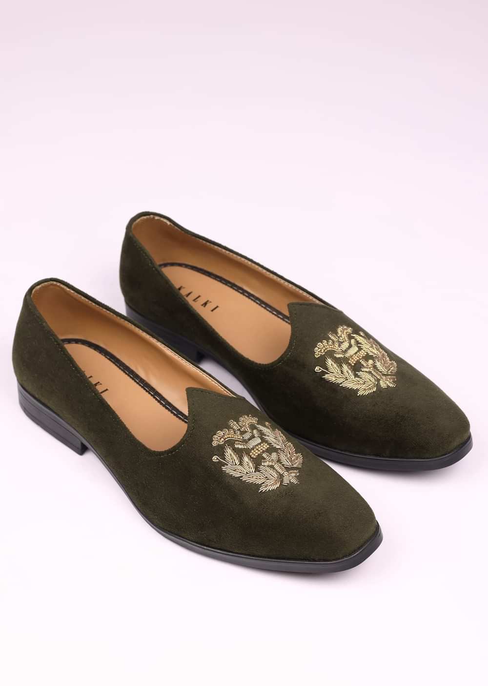 Olive Green Velvet Jutti With Hand Work For Men