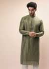 Olive Kurta Set In Silk With Heavy Mirror Embroidered Stripes