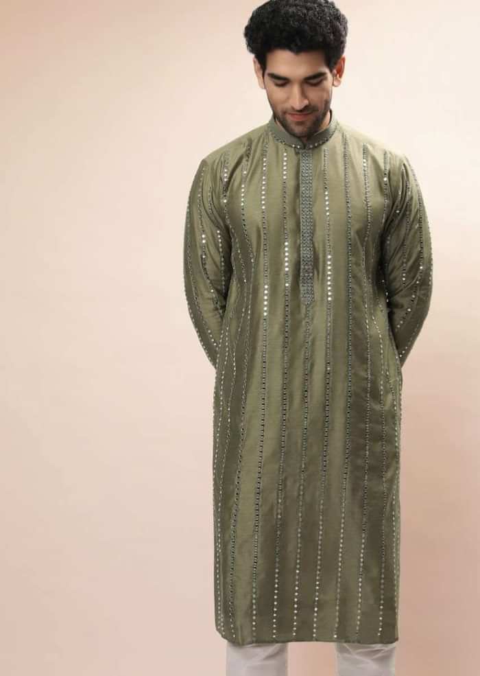 Olive Kurta Set In Silk With Heavy Mirror Embroidered Stripes