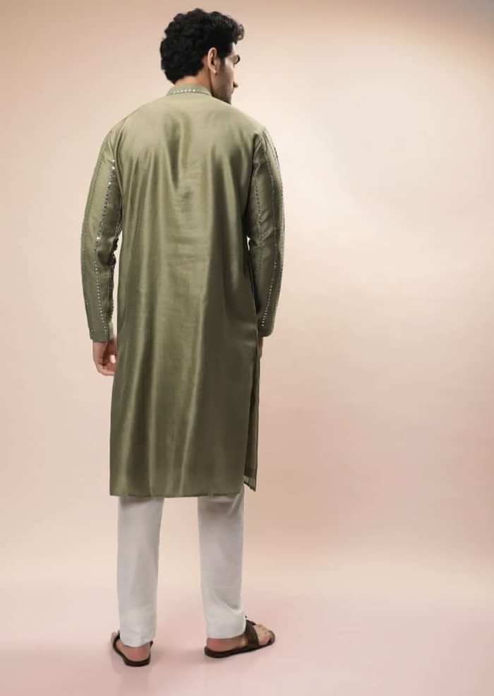 Olive Kurta Set In Silk With Heavy Mirror Embroidered Stripes