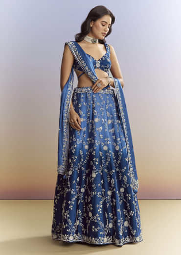 Ombre Blue Satin Bridesmaid Lehenga With Heavy Embroidery